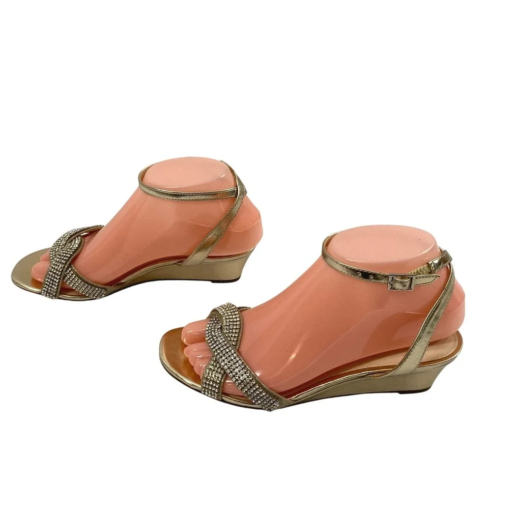 Womens Gold Rhinestone Wedge Sandals Size‎ 6M Metallic Ankle Strap Evening Shoes